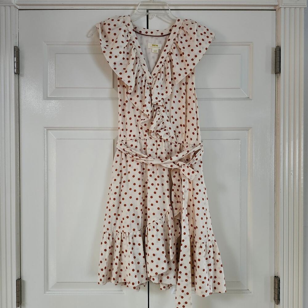 Maeve Anthropologie brown polka dot cream ruffled tie sleeveless dress sz L